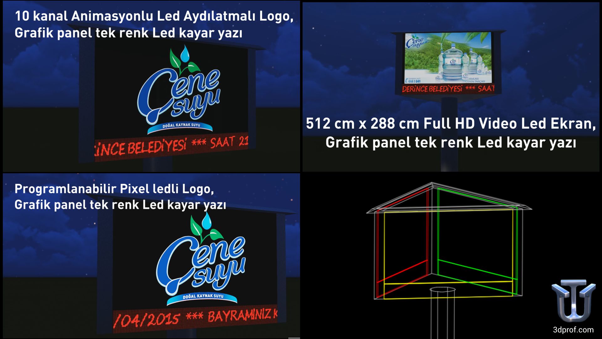 10 kanal animasyonlu led aydınlatmalı logo, grafik panel tek renk led kayan yazı, full hd video led ekran, programlanabilir pixel ledli logo